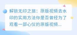 原版视频去水印的实用方法:解锁无印之旅