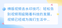 横版视频去水印技巧：轻松告别视频瑕疵