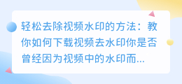 轻松去除视频水印的方法:教你如何下载视频去水印