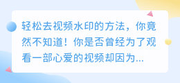 轻松去视频水印的方法，你竟然不知道！