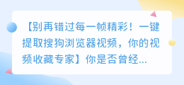 一键提取搜狗浏览器视频,别再错过每一帧精彩!