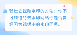 轻松去视频水印的方法:你不可错过的去水印网站