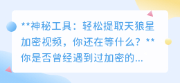 神秘工具:轻松提取天狼星加密视频,你还在等什么?