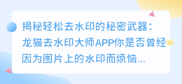 龙猫去水印大师app: 轻松去水印的秘密武器
