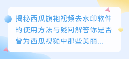西瓜旗袍视频去水印软件的使用方法与疑问解答