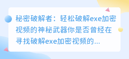 秘密破解者：轻松破解exe加密视频的神秘武器