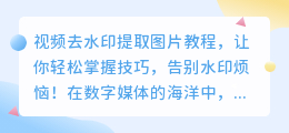 视频去水印提取图片教程:轻松几步,告别水印烦恼!