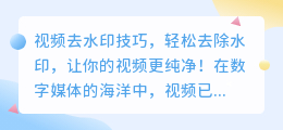 视频去水印技巧:轻松去除水印,让你的视频更纯净!