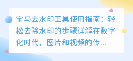 宝马去水印工具使用指南:轻松去除水印的步骤详解